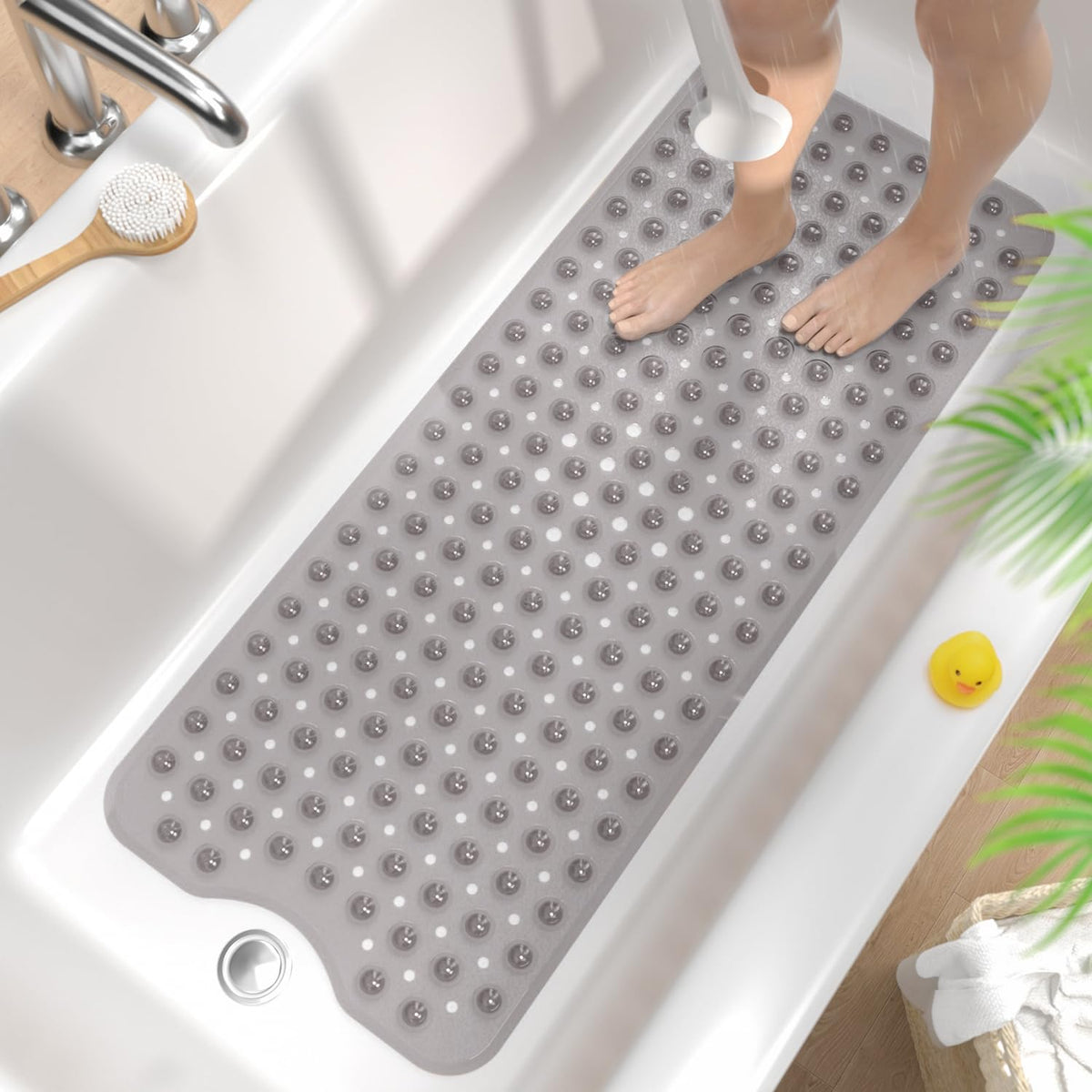 HITSLAM Non Slip Bath Mat for Tub, 101 x 40cm Extra Long Shower Mat Anti Mould, Machine Washable Bathroom Bathtub Mat with Suction Cups and Drain