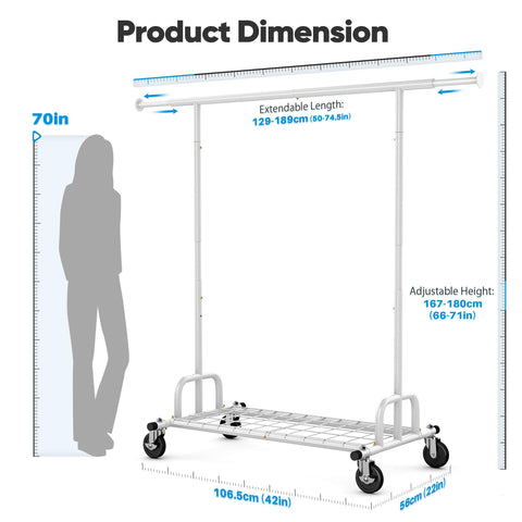 HOKEEPER Heavy Duty Clothes Rail 238kg (525lbs) Capacity, Extendable Hanging Rack with Lockable Wheels & Shelves, Space Saving for Bedroom, Apartment