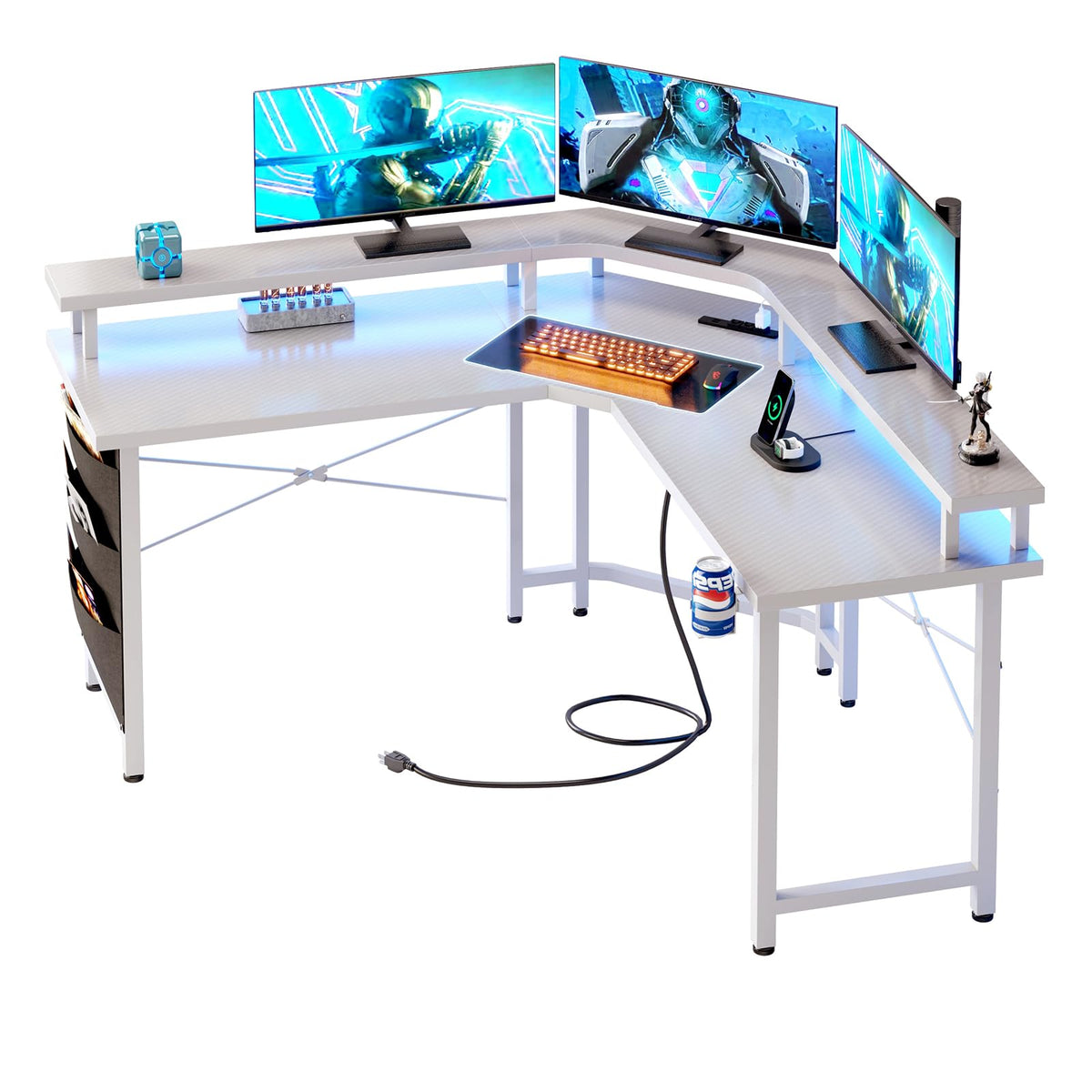 CAIYUN Computer Desk with Power Outlets & LED Strip,50.8" Reversible L Shaped Desk with Monitor Stand & Storage Bag
