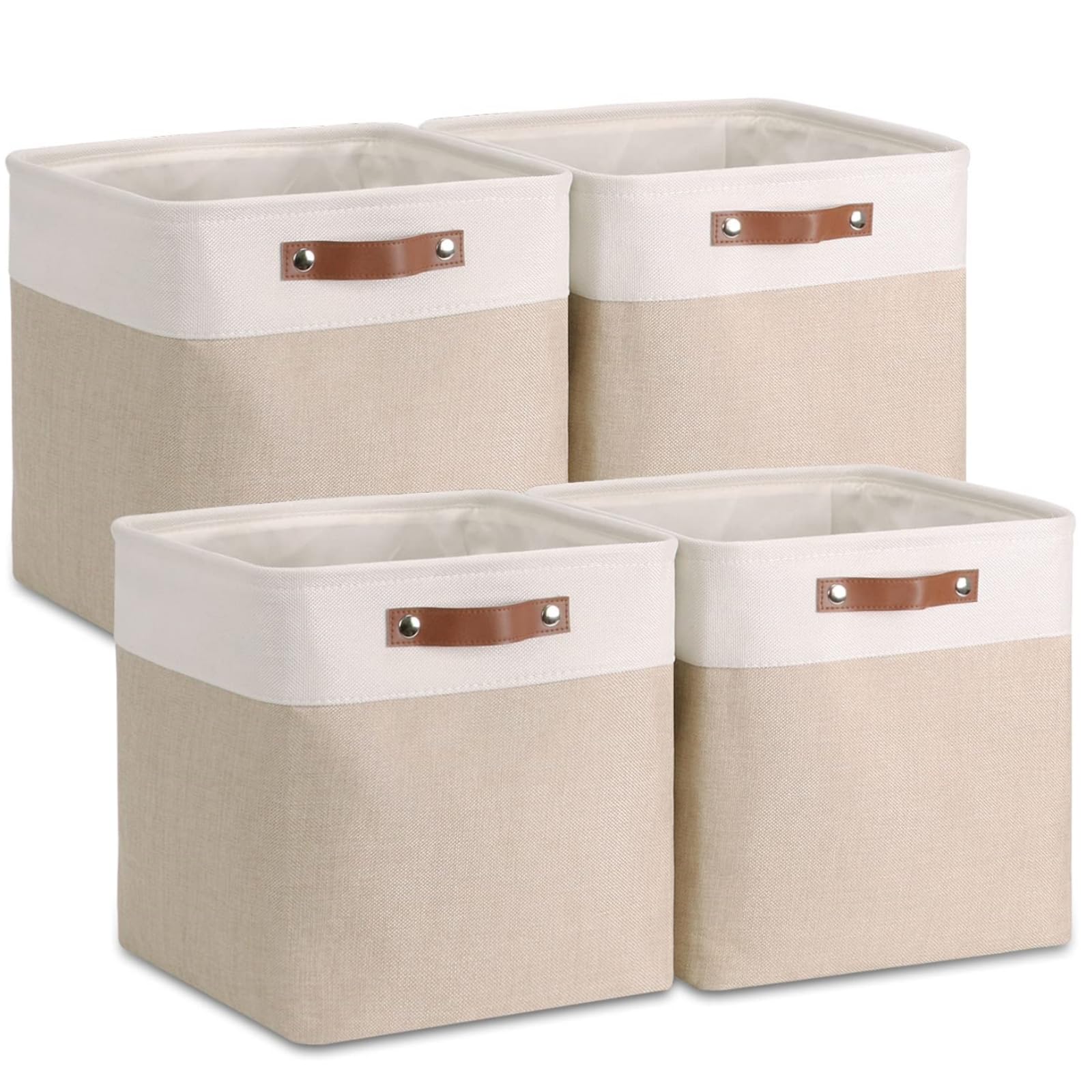 VIIHTYISA Fabric Storage Box, 4-Piece Set 30x30x30cm Cube Storage Boxes with Faux Leather Handle for Cube Shelves, Closet, Wardrobes | Khaki & White