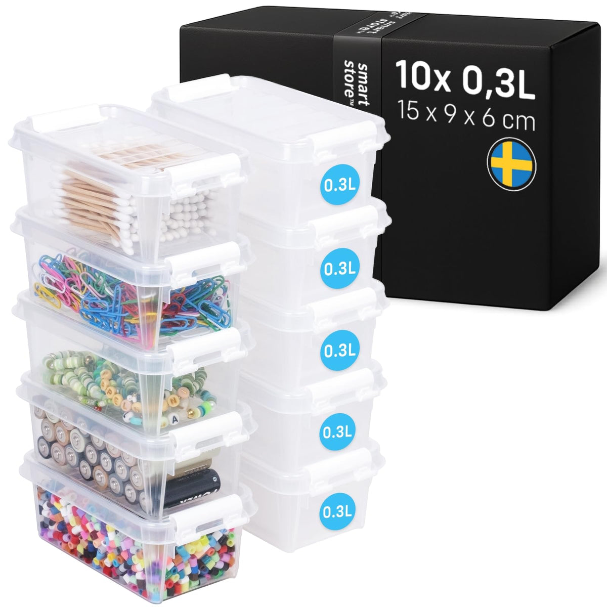 SmartStore - 10x Small Plastic Storage Box with Lid 0.3L (15x9x6cm) |Storage Drawers|Food-Safe Material| Tiny Organisation|BPA-Free|Durable Mini