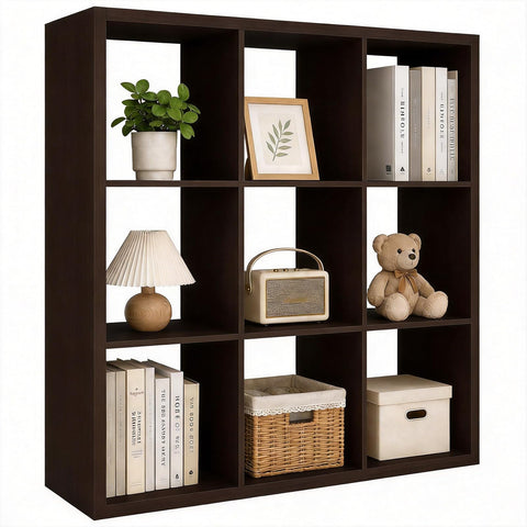CTESNE【Wooden Thick Frame 9 Cube Storage Organizer Shelf with Anti-Tipping Kits + Reversible Open Back Bookcase