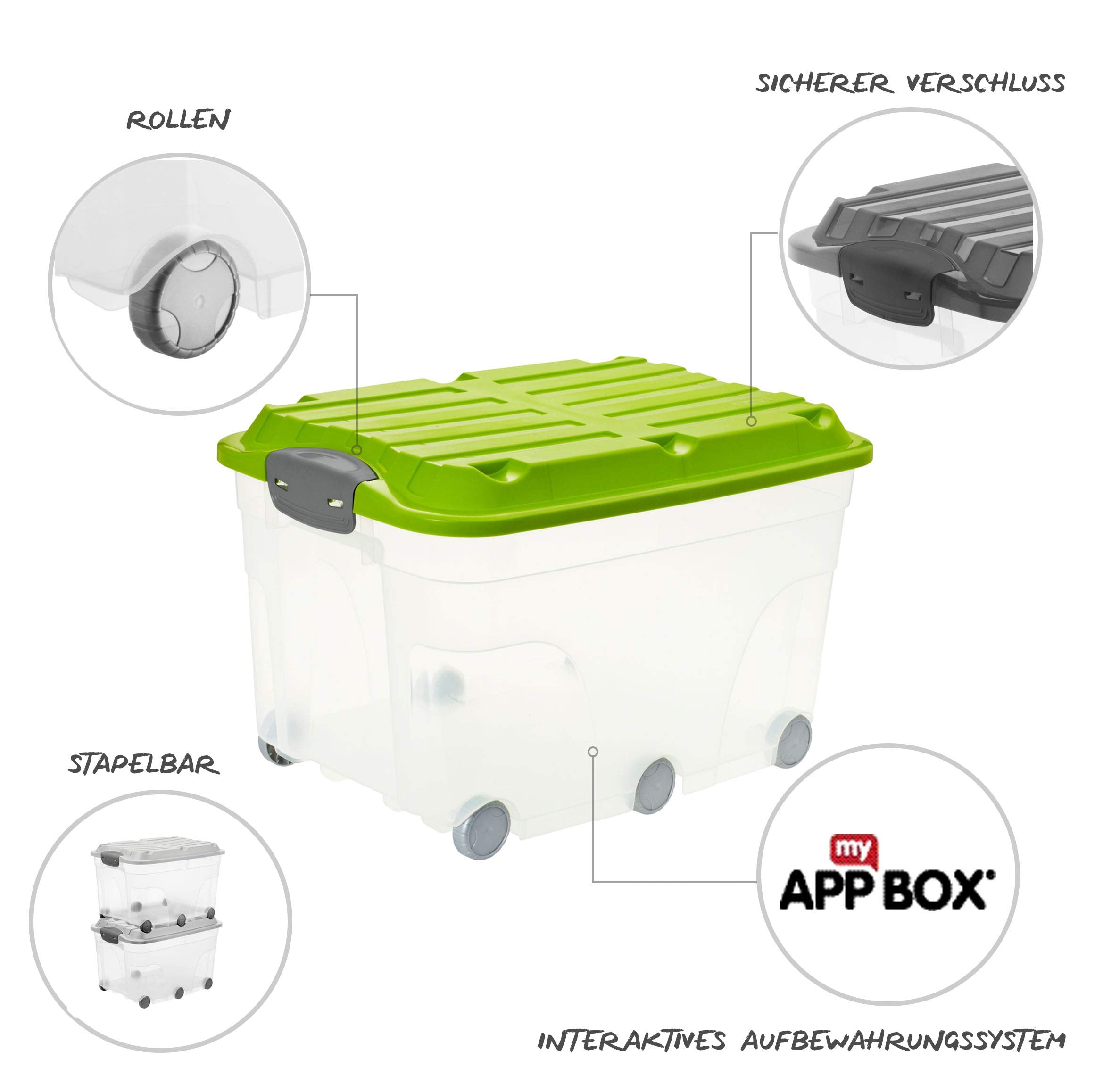 Rotho Roller 6 Set of 2 storage boxes 57 l with lid, Plastic (PP) BPA-free, Transparent/Green, 2 x 57 l (60,0 x 40,0 x 37,0 cm)