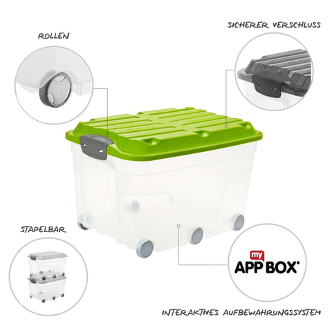 Rotho Roller 6 Set of 2 storage boxes 57 l with lid, Plastic (PP) BPA-free, Transparent/Green, 2 x 57 l (60,0 x 40,0 x 37,0 cm)