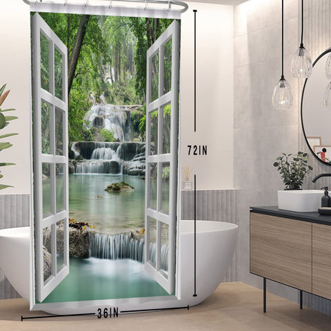 SDOTPMT 105x160cm Window View Shower Curtain Spring Waterfall Trees Natural Scenery Wilderness Landscape Bath Curtain White Window Picture Modern Art