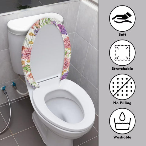COEQINE Hummingbird Floral Toilet Lid Cover Set Oval Pink Boho Flower Toilet Seat Lid Cover Oval Elongated Bathroom Non Slip With Elastic Edge
