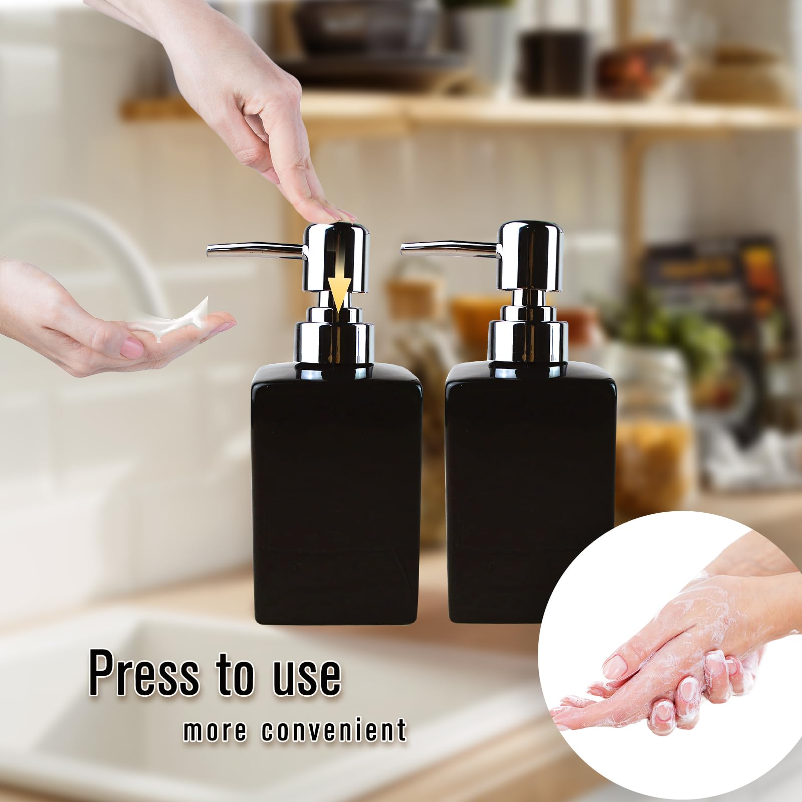 Qudubuy Refillable Square Ceramic Soap Dispenser with Long Spout Lotion Pump Bottle, 2Pcs 320ml Hand Wash Dispenser for Kitchen, Bathroom, Office