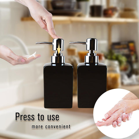 Qudubuy Refillable Square Ceramic Soap Dispenser with Long Spout Lotion Pump Bottle, 2Pcs 320ml Hand Wash Dispenser for Kitchen, Bathroom, Office