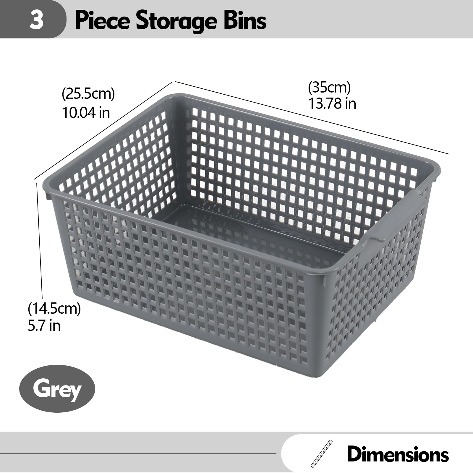 Afromy Set of 3 Plastic Storage Baskets, Rectangular Weave Storage Basket Bin, Grey