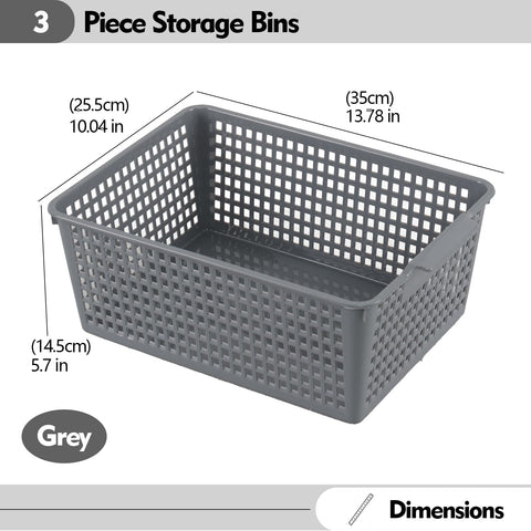 Afromy Set of 3 Plastic Storage Baskets, Rectangular Weave Storage Basket Bin, Grey