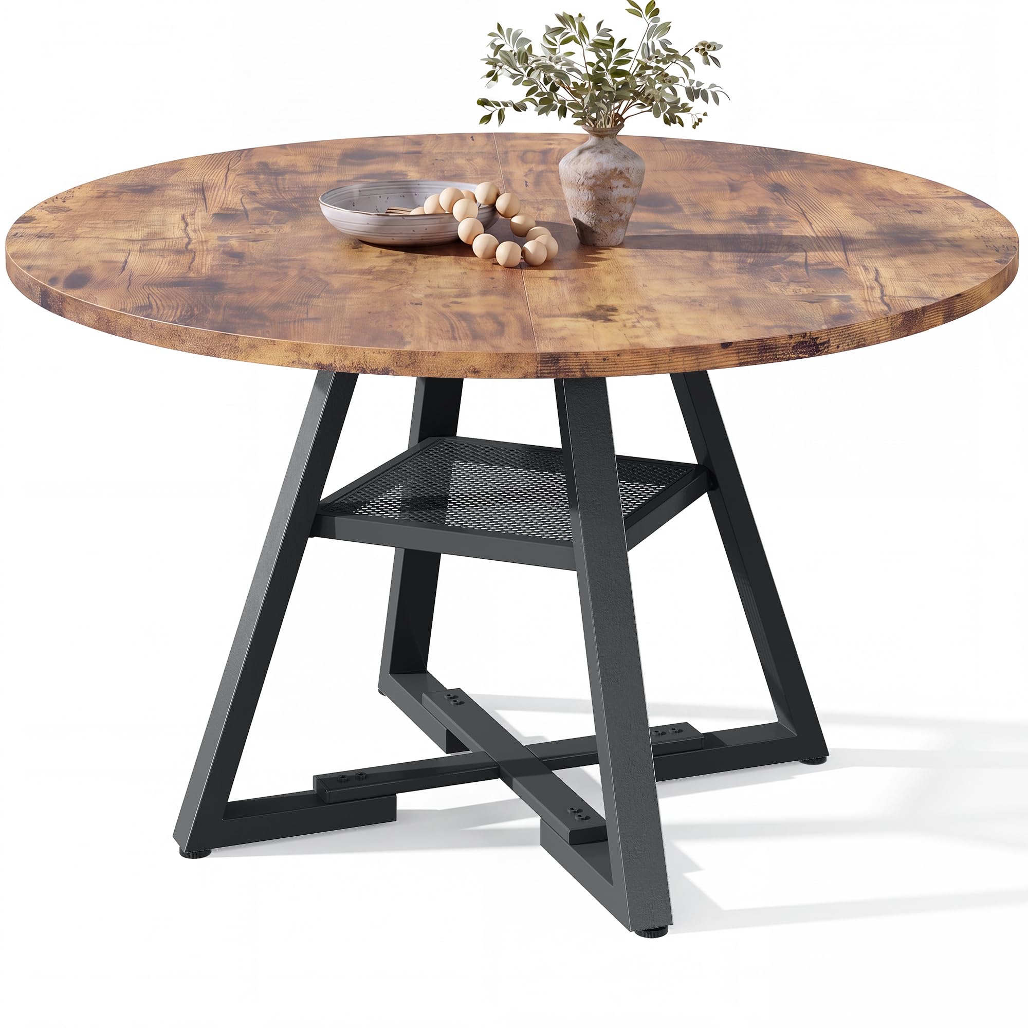 Jocoevol Round Dining Table for 4-6 People, Circle Dinner Table with Shelves, Space Saving Wood Kitchen & Dining Room Furniture (Vintage, 51 inch