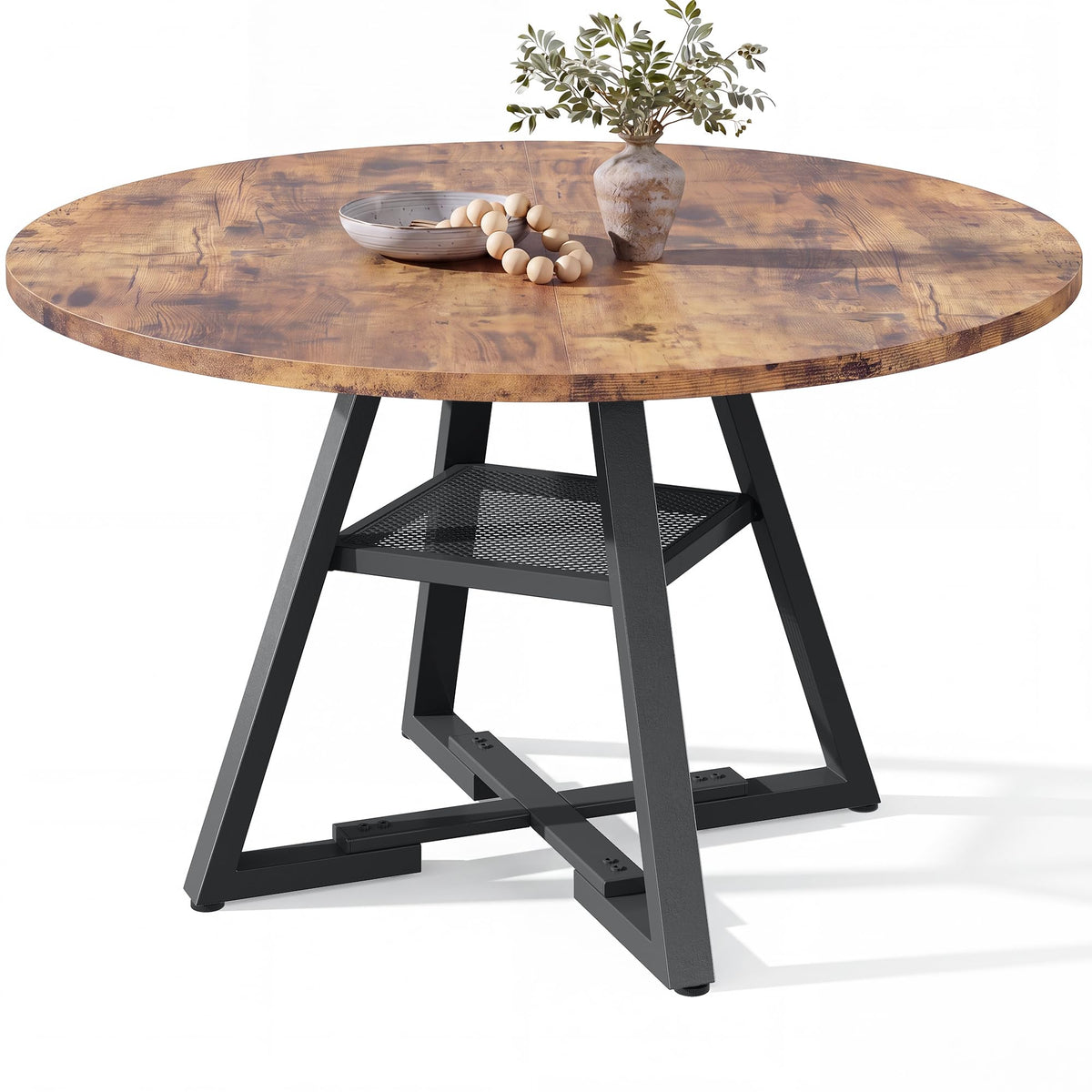 Jocoevol Round Dining Table for 4-6 People, Circle Dinner Table with Shelves, Space Saving Wood Kitchen & Dining Room Furniture (Vintage, 51 inch