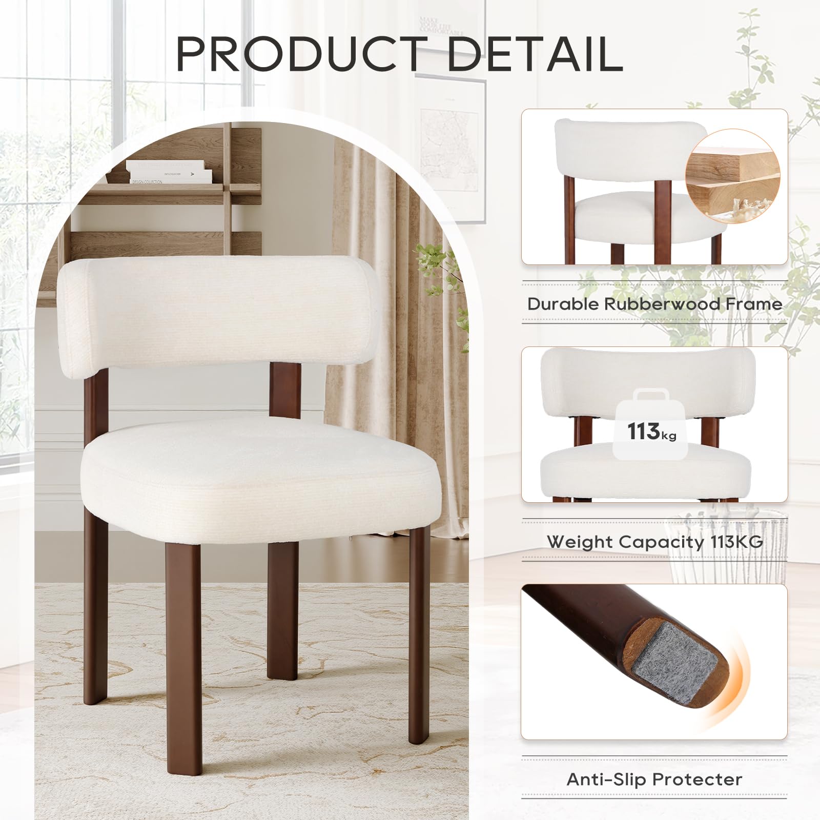 COLAMY Wooden Dining Chairs Set of 2, Fabric Chairs for Dining Room with Open Curved Backrest and Thick Seat Cushion