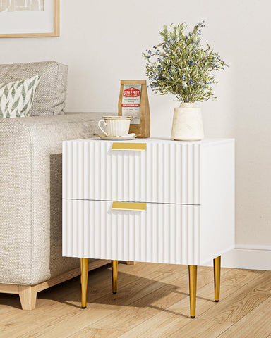 Apetaccat White Bedside Table, Nightstand with 2 Drawers with Gold Leg, Modern Bedside Table Bedroom Furniture for Living Room or Bedroom, White
