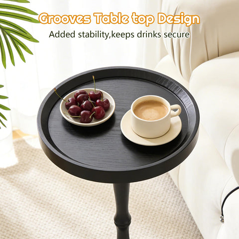 Simcat Round Side Table Bamboo Joint Design, Small Round Coffee Table for Small Spaces with Solid Wood Leg for Living Room, Bedroom, Corners