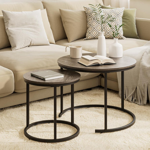 HEYZOEY Round Coffee Tables, Removable Set of 2 End Table, Nesting Tables with Black Metal Frame Legs and Wooden Grey Top for Living Room, Bedroom