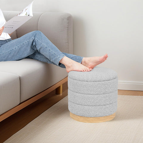 PINPLUS Round Chenille Storage Ottoman, Tray Top, 39x39x37 cm, Silver Grey