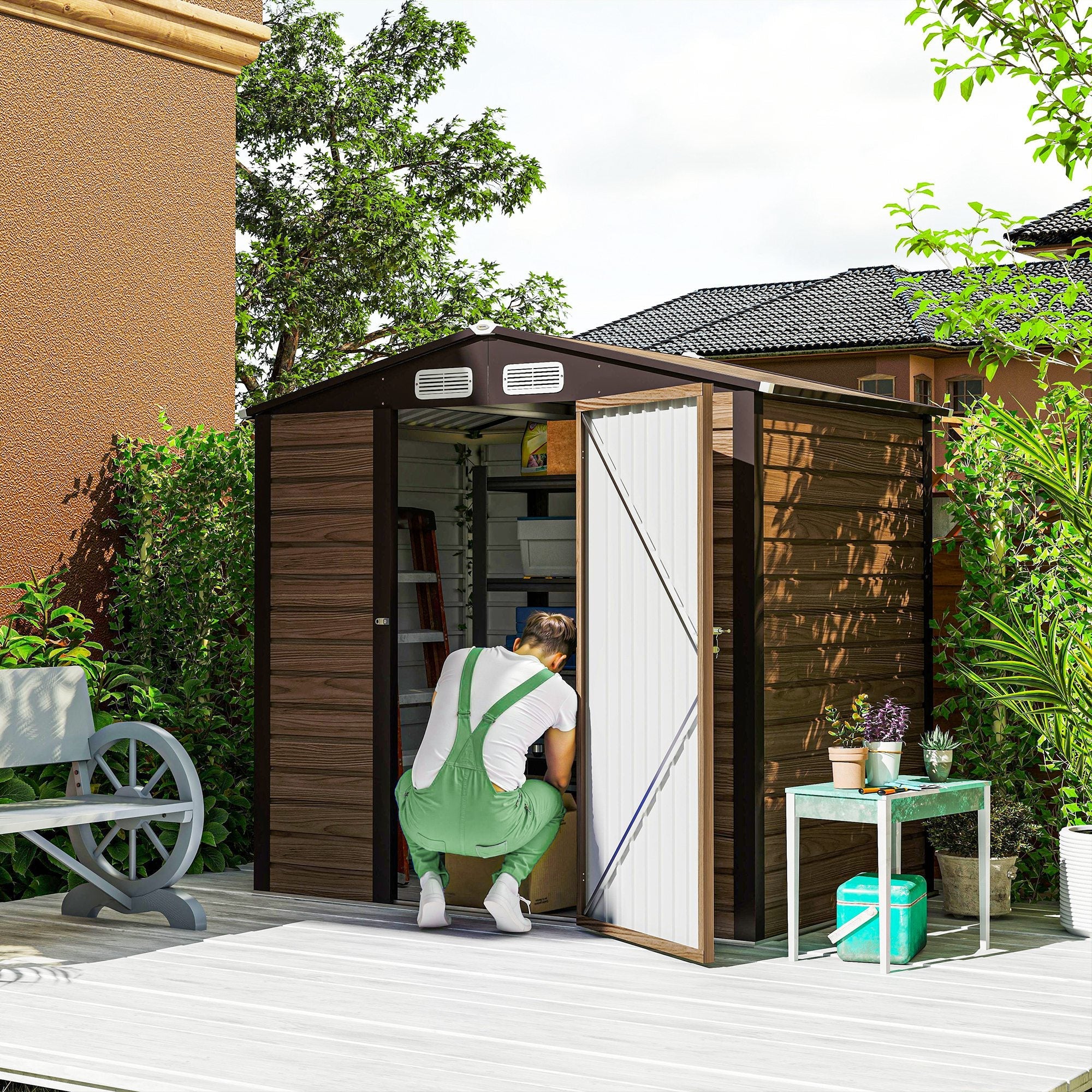 Outsunny 6.2 x 4.3ft Garden Metal Shed with Vent for Garden, Patio, Oak