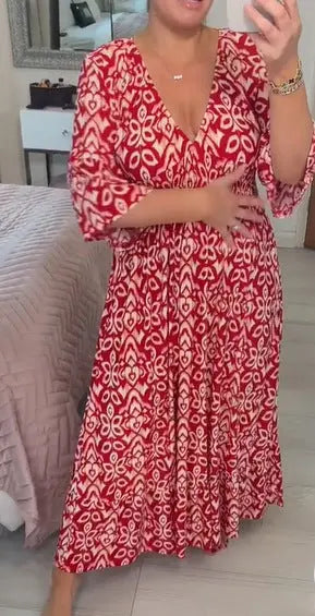 New Plus Size Super Fairy V-neck Floral Dress For Beach Vacation, Loose Long Skirt