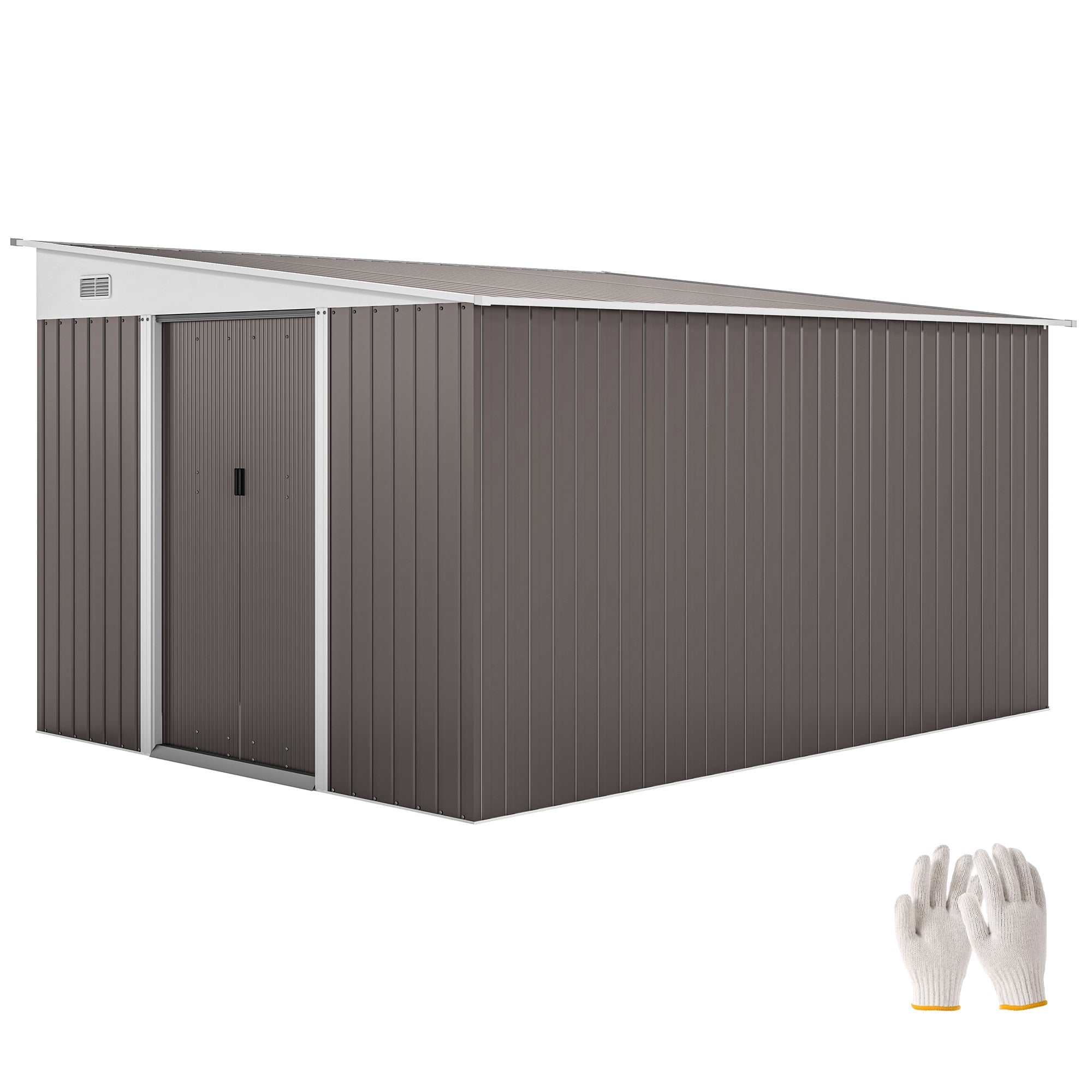 11.3 x 9.2ft Steel Garden Shed Metal Tool House Double Doors & 2 Air Vents, Grey