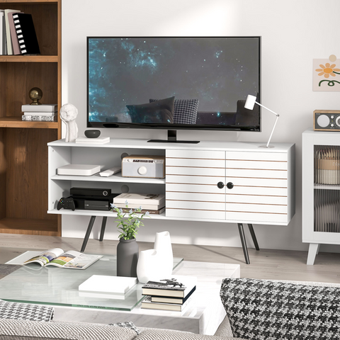 HOMCOM TV Unit for 65" TVs with 2 Open Shelves, Door and 2 Cable Holes, White