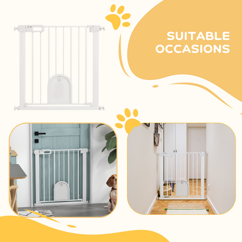 PawHut 75-82 cm Pet Safety Gate Pressure Fit Stair w/ Small Door Double Locking