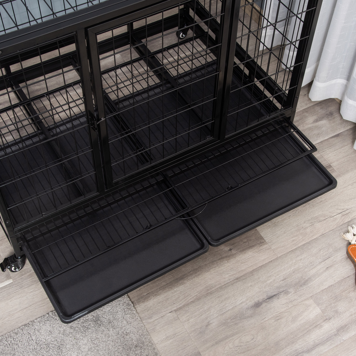 Metal Kennel Cage with Wheels and Crate Tray for Pet Dog Large Black Pawhut