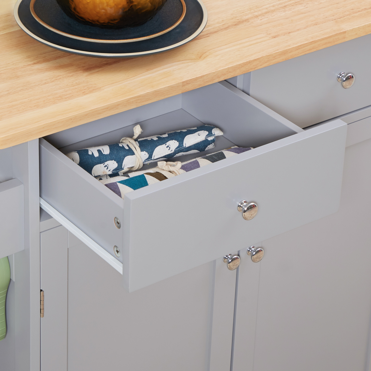 Rolling Kitchen Cart with Rubber Wood Top, Towel Rack, Hooks and Drawers Grey