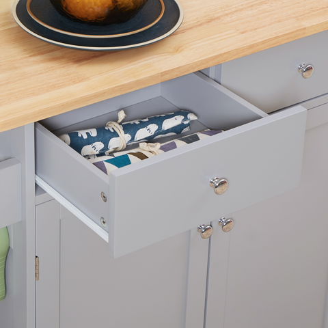 Rolling Kitchen Cart with Rubber Wood Top, Towel Rack, Hooks and Drawers Grey