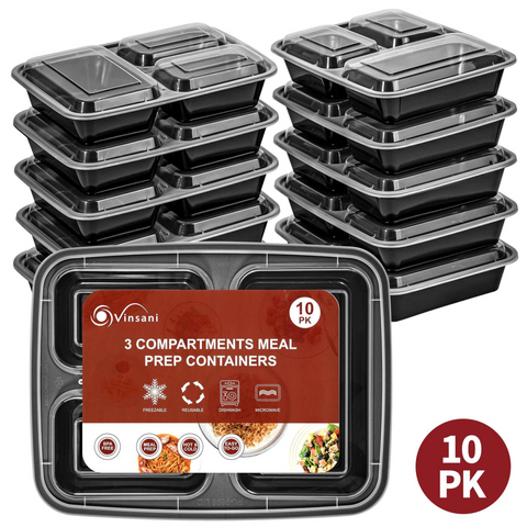 VINSANI 10pk 3 COMPARTMENTS MEAL PREP CONTAINERS 1010425