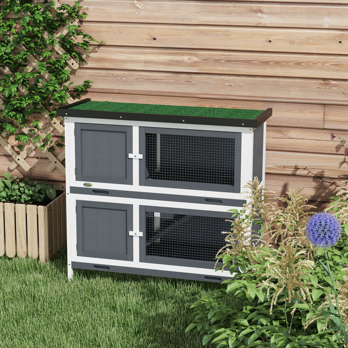 PawHut Double Decker Rabbit Hutch Bunny Cage Pet House Outdoor with Tray, Grey