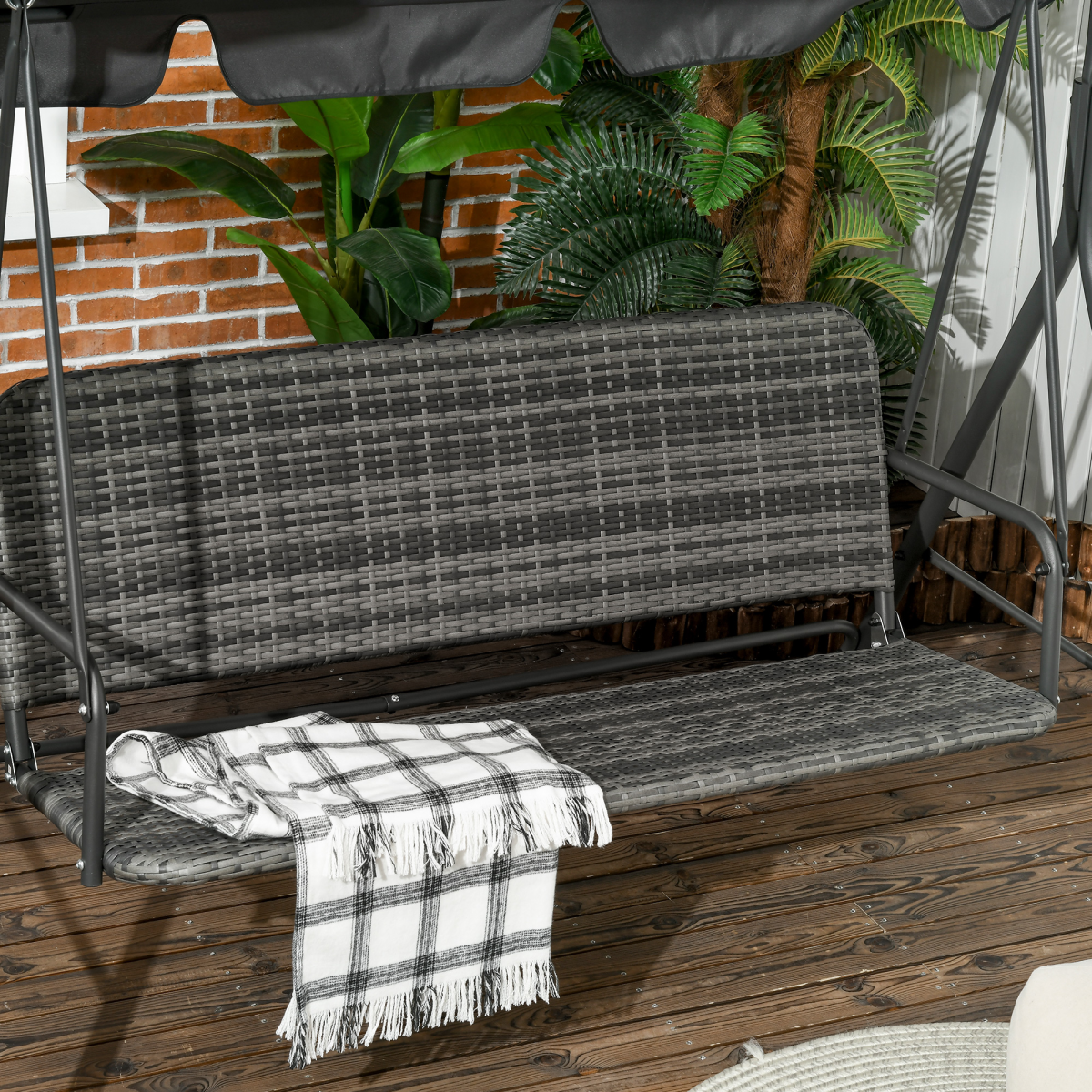 Outsunny 3-person Rattan Swing Chair, Hanging Bench w/ Stand, Adjustable Canopy