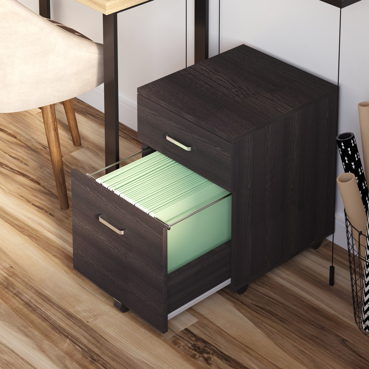 2-Drawer Locking Office Filing Cabinet 5 Wheels Rolling Storage Brown Vinsetto