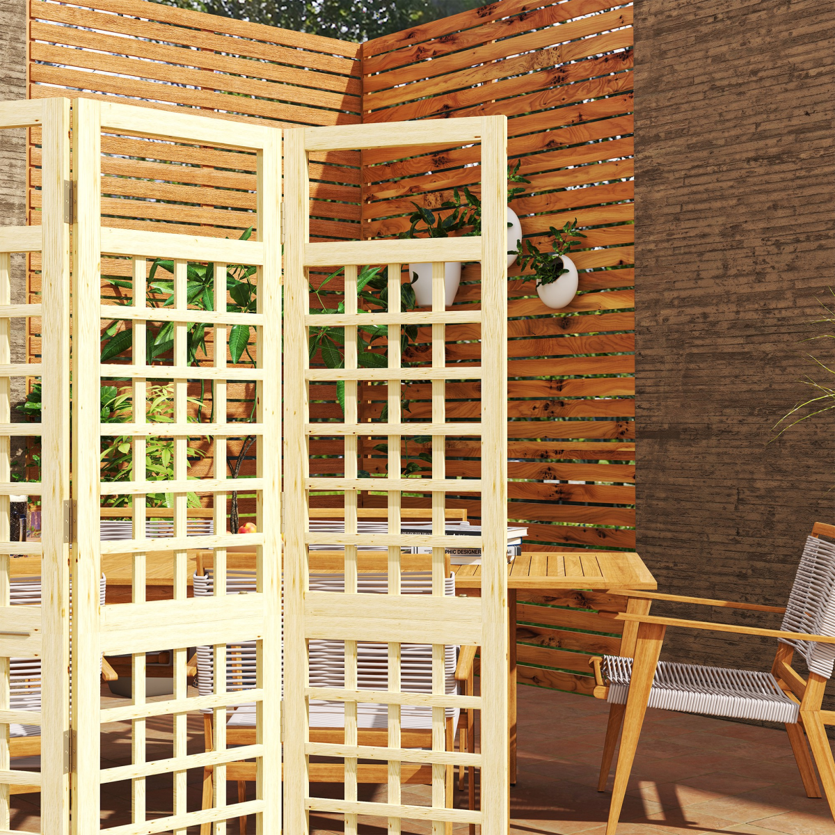 Outsunny 3-Panel Wooden Garden Privacy Screen, Natural Wood Finish