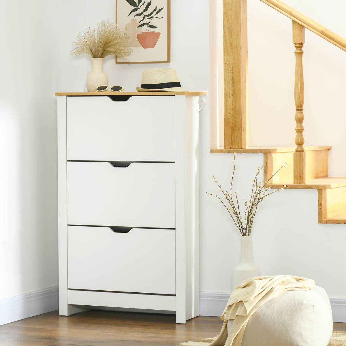 HOMCOM 18-Shoe Storage Cabinet 6 Shelves 3 Drawers Tabletop 4 Legs Modern White