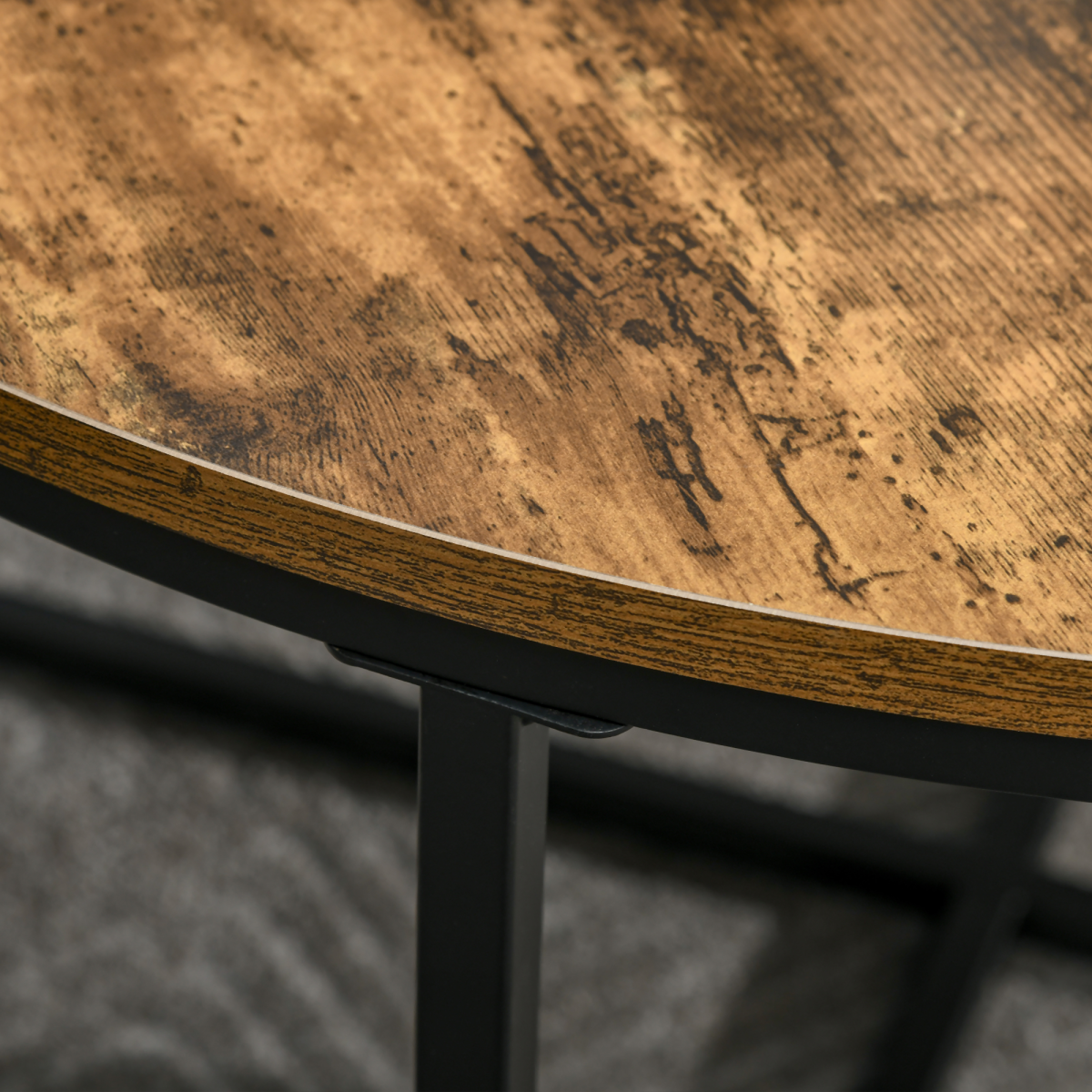 Industrial Round Side Table with Metal Frame, Large Tabletop, Rustic Brown
