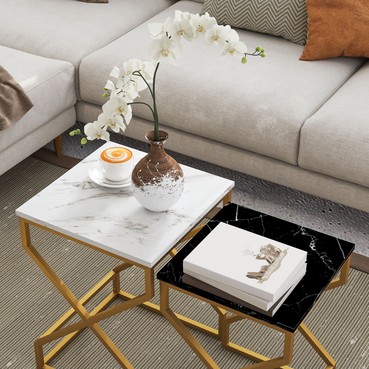 HOMCOM Nest Of Tables, Coffee Table Set with Steel Frame Black/White