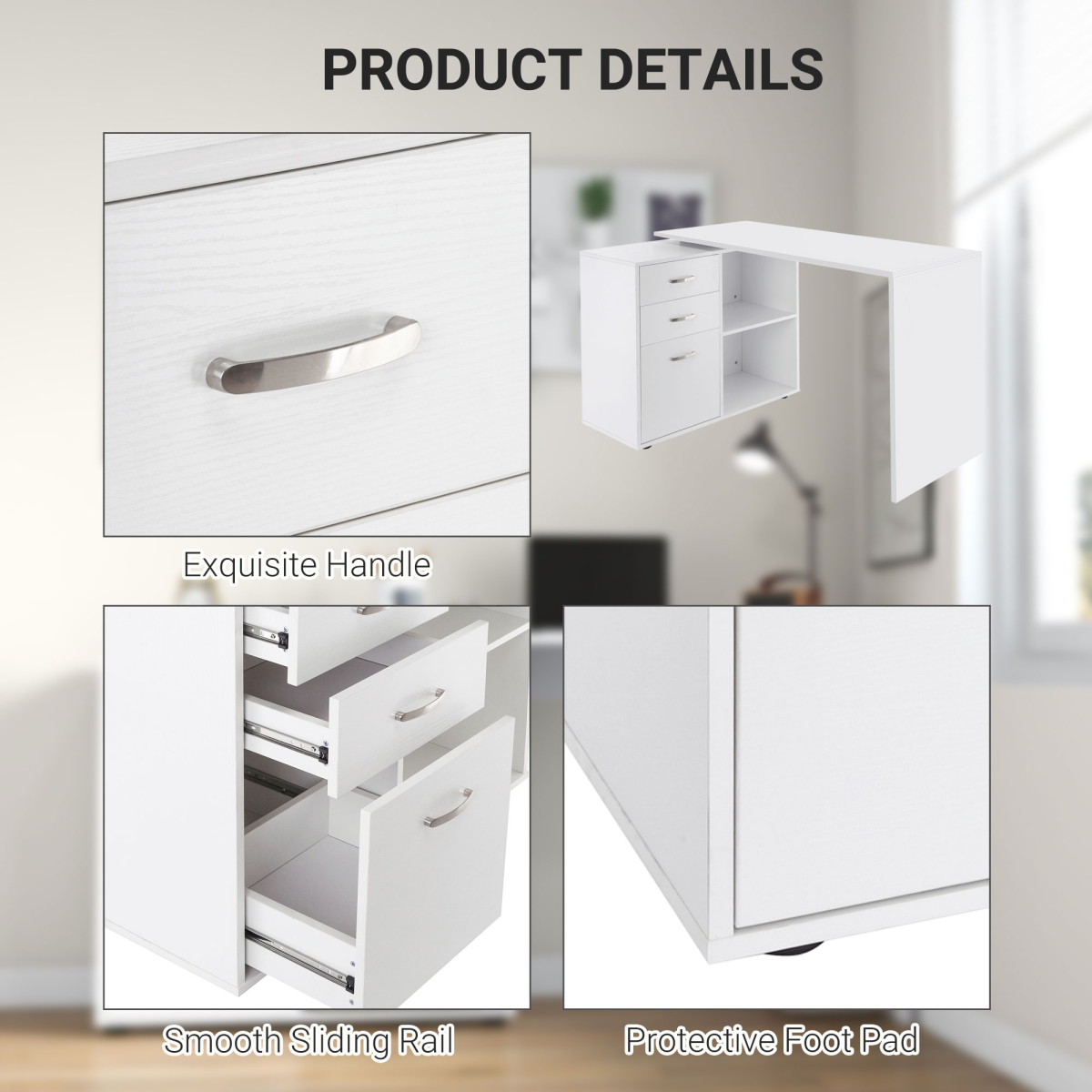Home Office L Shape Computer Desk Workstation Drawer Shelf File Cabinet-White