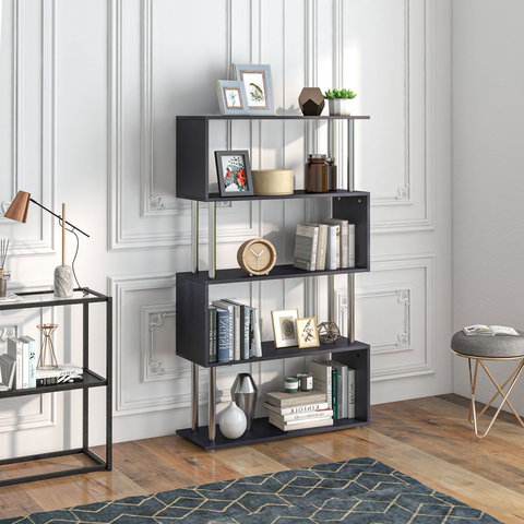 Wooden S Shape Storage Unit Bookshelf Lounge Display Room Divider-Black
