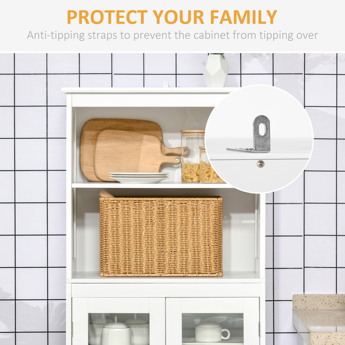 HOMCOM Kitchen Cupboard Storage Cabinet Adjustable Shelves, Glass Doors, White