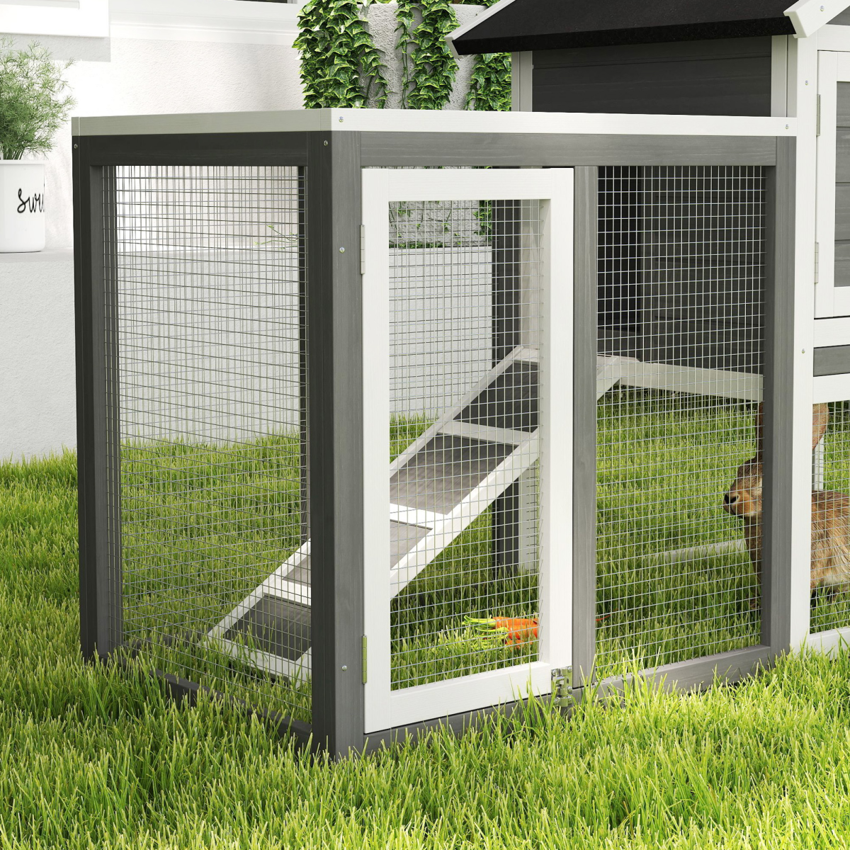 122cm Wooden Rabbit Hutch Bunny Cage Pet House with Tray Ladder Run Pawhut