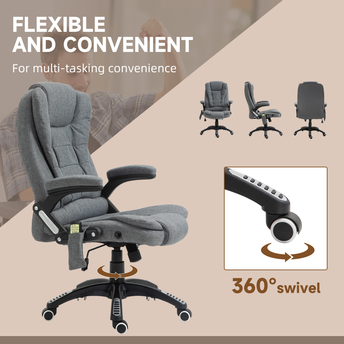 Executive Reclining Chair w/ Heating Massage Points Relaxing Headrest Grey