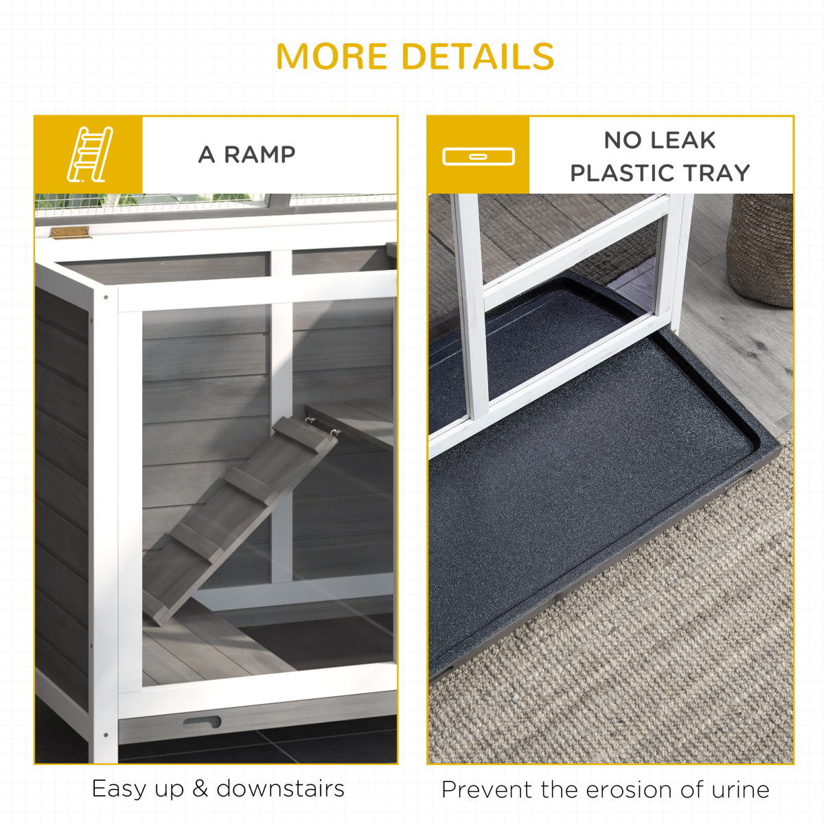 Wood Rabbit Hutch Bunny Cage Pet House Indoor W/ Tray Ramp, Grey Pawhut