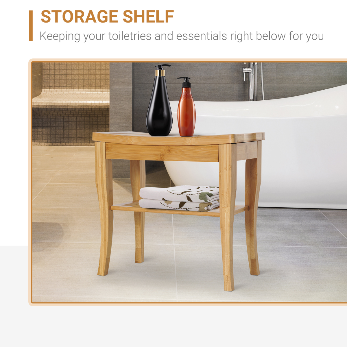 2-Tier Slatted Shower Bench Storage Seat Stool w/ Shelf Safe Comfortable Bath