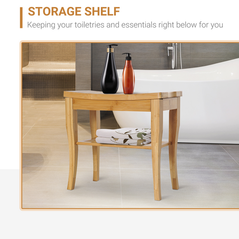 2-Tier Slatted Shower Bench Storage Seat Stool w/ Shelf Safe Comfortable Bath