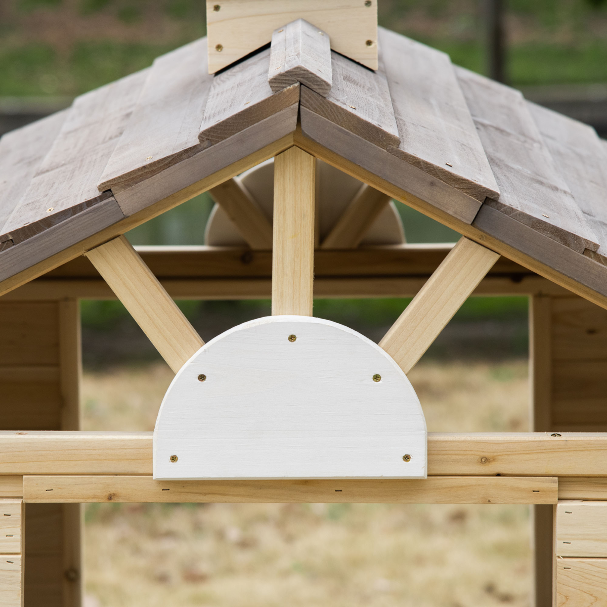 Wooden Kids Playhouse w/ Door, Windows, Bench, For Ages 3-7 Years