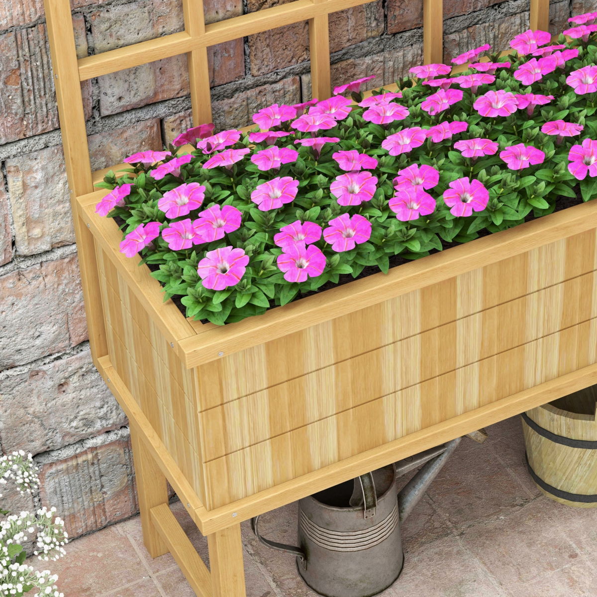 Outsunny Wood Raised Planter w/ Trellis Drain Holes Elevated Garden Bed Natural