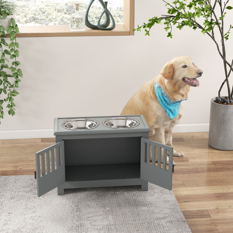 PawHut Raised Dog Bowls for Large Dogs Feeding Station with Stand Storage - Grey