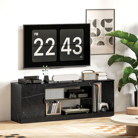 HOMCOM Marble Effect TV Stand Cabinet with Glass Shelf for 55 Inch TVs