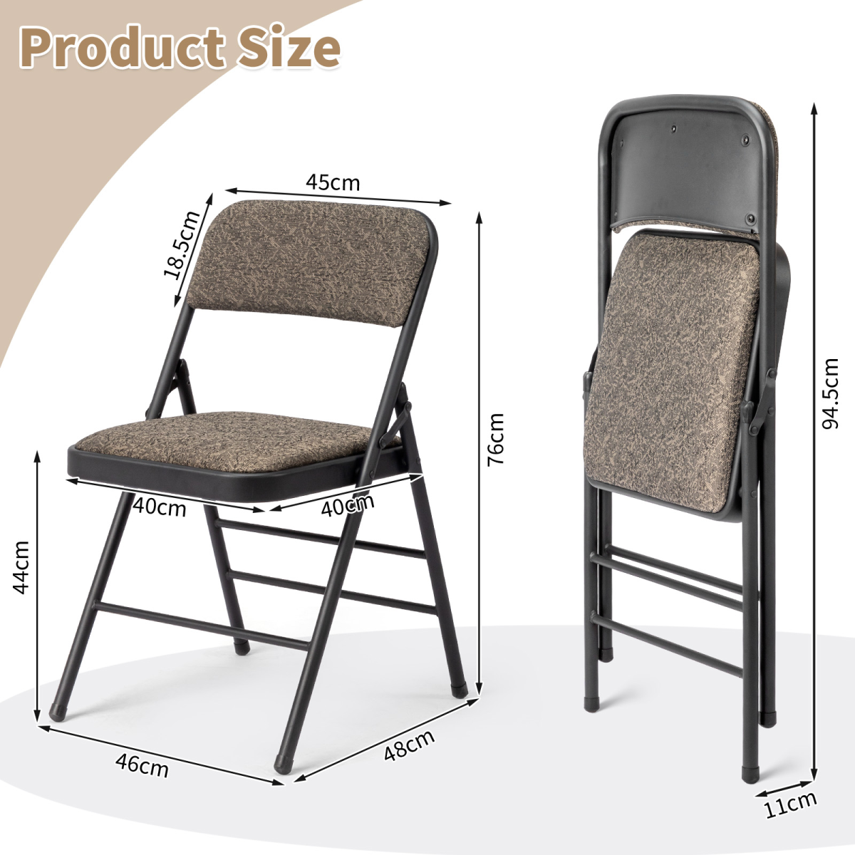2pcs Black Patterned Padded Folding Chairs, Conference Event Chairs with Soft Seat (46*48*76cm), Frosted Iron Frame